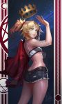  1girl ass belt butt_crack coat cowboy_shot crown dimples_of_venus fate/apocrypha fate_(series) gluteal_fold green_eyes hellsing7 highres looking_back ponytail saber_of_red shorts shoulder_blades smile solo standing waving 