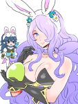  2girls animal_ears bare_shoulders blue_eyes blue_hair bow bowtie breasts bunny_girl bunny_tail bunnysuit camilla_(fire_emblem_if) chibi cleavage detached_collar fake_animal_ears fire_emblem fire_emblem:_kakusei fire_emblem_if fishnet_pantyhose fishnets gloves hair_over_one_eye large_breasts leotard long_hair looking_at_viewer lucina multiple_girls pantyhose purple_hair rabbit_ears smile strapless strapless_leotard tail very_long_hair violet_eyes white_background wrist_cuffs 