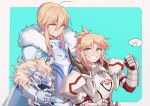  2girls absurdres ahoge armor artoria_pendragon_lancer_(fate/grand_order) bangs blonde_hair cloak closed_mouth eyebrows_visible_through_hair fate/apocrypha fate/stay_night fate_(series) fur_collar fur_trim gauntlets green_eyes grin hair_between_eyes hand_up helmet highres holding holding_helmet light_smile looking_at_another multiple_girls pauldrons ponytail saber saber_of_red sidelocks smile sparkle speech_bubble teeth yorukun 