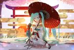  1girl absurdly_long_hair aqua_eyes aqua_hair closed_mouth collarbone female full_body grass hair_between_eyes hair_ribbon hatsune_miku highres holding holding_umbrella japanese_clothes kimono kneehighs long_hair looking_at_viewer maya_g microphone_stand oriental_umbrella petals red_ribbon red_umbrella ribbon sitting smile solo torii twintails umbrella very_long_hair vocaloid white_kimono white_legwear yukata 