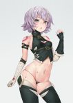  1girl :o assassin_of_black bandaged_arms bangosu belt black_gloves black_legwear blood blood_on_face breasts cleavage cleavage_cutout fate/apocrypha fate_(series) fingerless_gloves gloves grey_background lavender_hair looking_at_viewer navel short_hair simple_background single_glove solo 