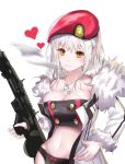  1girl blush breasts cigarette cleavage dog_tags eyebrows_visible_through_hair gun heart holding holding_gun holding_weapon large_breasts long_hair looking_at_viewer navel original silver_hair smile smoking solo u.d upper_body weapon yellow_eyes 