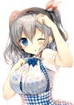  10s 1girl blue_eyes blush character_name hair_between_eyes kantai_collection kashima_(kantai_collection) koubeya_uniform name_tag one_eye_closed open_mouth short_hair short_sleeves silver_hair simple_background solo two_side_up uniform wet wet_clothes white_background yadapot 