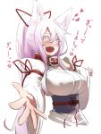  1girl ^_^ animal_ears bare_shoulders blush breasts closed_eyes collar colored_eyelashes detached_sleeves fang fox_ears hair_ribbon japanese_clothes large_breasts long_hair obi open_mouth original outstretched_arms ponytail ribbon sakura_inu sash simple_background smile solo spread_arms translated very_long_hair white_background white_hair 