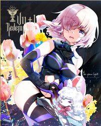  1girl armor armored_dress dog elbow_gloves eyebrows_visible_through_hair fate_(series) fou_(fate/grand_order) gloves hair_over_one_eye heco_(mama) looking_at_viewer pink pink_hair purple_gloves shielder_(fate/grand_order) short_hair solo thigh-highs violet_eyes 