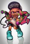  1girl bangs bike_shorts black_shorts blue_shoes copyright_name cross-laced_footwear dark_skin domino_mask dual_wielding fangs full_body highres hoshifune ink_tank_(splatoon) inkling inkling_(language) layered_clothing long_hair looking_to_the_side mask open_mouth paint_splatter pink_eyes pink_hair pointy_ears reflection shirt shoes shorts sleeveless sleeveless_shirt smile solo splat_dualies_(splatoon) splatoon standing tentacle_hair twitter_username white_shirt 