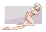  1girl absurdres arm_up bare_legs blade_&amp;_soul breasts chyo full_body grey_eyes grey_hair grey_shoes high_heels highres large_breasts legs light_smile long_hair looking_at_viewer navel parted_lips shoes sidelocks smile solo swimsuit thighs white_swimsuit 