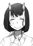  1girl blush bruise bruise_on_face closed_eyes eyebrows_visible_through_hair facing_viewer greyscale hands_on_own_chest injury monochrome nukomasu oni oni_horns original portrait short_hair simple_background smile solo vest white_background 