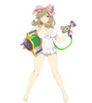  1girl ass_visible_through_thighs bare_shoulders barefoot bow breasts cleavage full_body green_eyes hair_bow haruka_(senran_kagura) holding large_breasts light_brown_hair long_hair looking_at_viewer official_art one-piece_swimsuit one_eye_closed parted_lips senran_kagura_(series) senran_kagura_peach_beach_splash smile solo swimsuit water_gun white_swimsuit yaegashi_nan 