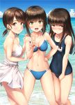  3girls beach bikini black_hair blue_bikini blush breasts collarbone fubuki_(kantai_collection) green_eyes hatsuyuki_(kantai_collection) ichikawa_feesu kantai_collection long_hair looking_at_viewer medium_breasts multiple_girls navel one-piece_swimsuit open_mouth ponytail school_swimsuit shirayuki_(kantai_collection) short_hair skindentation small_breasts swimsuit white_bikini 