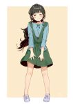  1girl :| black_hair blue_shirt blush closed_eyes closed_mouth commentary_request facing_viewer full_body green_ribbon green_skirt kawai_makoto light_smile overall_skirt ribbon shiny shiny_hair shirt shoes skirt solo two-tone_background 