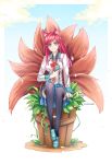  1girl academy_ahri ahri animal_ears black_legwear breasts cellphone food fox_ears fox_tail hair_ornament hairclip heart_hair_ornament highres large_breasts league_of_legends long_hair looking_at_viewer mizonaki multiple_tails outdoors phone plant redhead school_uniform sitting skirt solo tail thigh-highs vegetable whisker_markings yellow_eyes 