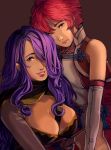  2girls breasts camilla_(fire_emblem_if) cleavage_cutout curly_hair elbow_gloves fire_emblem fire_emblem_if gloves grin hair_over_one_eye highres hinoka_(fire_emblem_if) large_breasts looking_at_viewer multiple_girls purple_hair redhead smile yusaname 