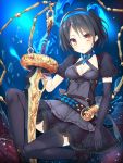  1girl alice_(sinoalice) black_dress black_hair breasts cleavage dress elbow_gloves gloves hairband highres looking_at_viewer ochinsama puffy_short_sleeves puffy_sleeves red_eyes short_hair short_sleeves sinoalice solo sword thigh-highs weapon 