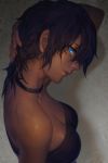  1girl adjusting_hair arm arm_at_side arm_up bare_arms bare_shoulders black_choker black_tubetop blue_eyes breasts brown_hair choker cleavage closed_mouth dark_skin female from_above from_side highres large_breasts lips looking_at_viewer looking_up neck shadow short_hair solo spade-m strapless tattoo tubetop upper_body 