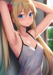  1girl alexmaster armpits arms_up bangs blonde_hair blue_eyes blush breasts camisole collarbone day eyebrows_visible_through_hair hair_between_eyes highres indoors long_hair looking_at_viewer original parted_lips shiny shiny_hair sidelocks small_breasts solo sweat upper_body window 
