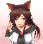  1girl absurdres animal_ears brooch brown_hair dress fangs gradient gradient_background highres imaizumi_kagerou jewelry long_hair long_sleeves looking_at_viewer nail_polish open_mouth phano_(125042) pink_background pointing pointing_at_self red_eyes red_nails shawl simple_background solo touhou upper_body white_dress wolf_ears 