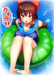  1girl barefoot black_gloves blue_swimsuit bow breasts brown_hair cleavage commentary_request cookie_(touhou) feet gloves hair_bow hair_tubes hakurei_reimu highres innertube large_breasts looking_at_viewer red_bow red_eyes reu school_swimsuit sidelocks solo swimsuit tarmo toes touhou water wet 