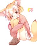 1girl :d animal_ears arare_mochiko blonde_hair bow bowtie brown_eyes cardigan collared_shirt fennec_(kemono_friends) fox_ears fox_tail full_body half-closed_eyes japari_symbol kemono_friends long_sleeves multicolored_hair open_mouth pleated_skirt shirt short_hair simple_background skirt smile solo tail thigh-highs two-tone_hair white_background white_skirt yellow_bow zettai_ryouiki 