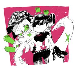  1boy 1girl baseball_cap belt bike_shorts black_gloves black_hair breasts callie_(splatoon) crop_top dj_takowasa earrings gloves green_sclera hand_on_hip hat highres jewelry midriff mole mole_under_eye monochrome navel octarian octopus pink_eyes pointy_ears short_sleeves simple_background splatoon splatoon_(series) splatoon_2 spoilers stomach_tattoo sunglasses taikodon tattoo tentacle tentacle_hair white_background 