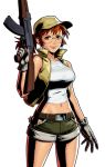  assault_rifle baseball_cap brown_hair fio_germi glasses gloves gun hat metal_slug metal_slug_attack official_art rifle shorts vest weapon 