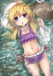  1girl :o blonde_hair blue_eyes brown_hat day detached_sleeves hair_ribbon hat hat_removed headwear_removed kihuzinz looking_at_viewer lying moriya_suwako navel on_back outdoors partially_submerged purple_swimsuit red_ribbon ribbon solo stomach swimsuit touhou tress_ribbon water 