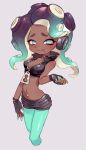  1girl aqua_eyes aqua_hair bare_shoulders blush breasts cleavage crop_top cropped_legs dark_skin headphones iida_(splatoon) looking_at_viewer midriff mole mole_under_mouth multicolored_hair nail_polish navel navel_piercing octarian pantyhose_under_shorts piercing purple_hair shorts smile solo soto splatoon splatoon_2 tentacle_hair two-tone_hair zipper zipper_pull_tab 