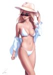  1girl bare_shoulders bikini blonde_hair blue_eyes blue_nails breasts cleavage clothes_down collarbone cowboy_shot earrings eyeliner fingernails hair_down hand_on_headwear hand_up hat jewelry large_breasts legs_together lips long_fingernails long_hair long_sleeves looking_away makeup mercy_(overwatch) midriff nail_polish navel nose off_shoulder open_clothes open_shirt overwatch parted_lips pink_lips shirt signature simple_background smile solo standing stomach strap_gap string_bikini stud_earrings sunglasses swimsuit umigraphics white_background white_bikini white_shirt 