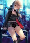  1girl blonde_hair boots breasts cleavage fate/grand_order fate_(series) jacket open_clothes open_jacket ponytail railing saber saber_alter shorts sitting solo terai_(teraimorimori) yellow_eyes 