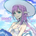  1girl artist_name blush breasts cleavage collarbone eyebrows_visible_through_hair glasses green_eyes hat holding_innertube hwayoung long_hair looking_at_viewer medium_breasts mole mole_on_breast original parted_lips pointy_ears purple_hair smile solo swimsuit teeth twitter_username white_hat 