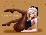  1girl ass black_hat black_legwear blonde_hair bow breasts cleavage confetti fate_(series) green_bow green_ribbon hat highres large_breasts looking_at_viewer merry_christmas orange_eyes pantyhose ribbon saber santa_hat solo sookmo 