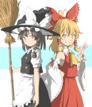  2girls alternate_hairstyle apron ascot black_hair black_hat blonde_hair bow braid broom buttons commentary_request cosplay costume_switch detached_sleeves grin hair_bow hair_tubes hakurei_reimu hat hat_bow holding inuno_rakugaki kirisame_marisa long_skirt looking_at_viewer multiple_girls ofuda ponytail puffy_short_sleeves puffy_sleeves red_bow red_eyes red_skirt ribbon-trimmed_sleeves ribbon_trim sarashi short_sleeves side_braid skirt skirt_set smile standing teeth touhou vest waist_apron white_bow yellow_eyes 