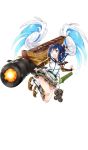  1girl :d blue_eyes blue_hair cannon firing frilled_skirt frills full_body looking_at_viewer noshima_(oshiro_project) official_art open_mouth oshiro_project_re ponytail ririkuto short_hair skirt smile solo transparent_background 