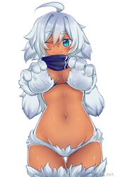  1girl ;) ahoge aqua_eyes artist_name bikini blush breast_hold breasts breasts_apart caleana covered_nipples cowboy_shot dark_skin eyebrows eyebrows_visible_through_hair fur groin highres large_breasts looking_at_viewer monster_girl_encyclopedia navel one_eye_closed paws scarf short_hair signature smile solo swimsuit thigh_gap white_fur white_hair yeti_(monster_girl_encyclopedia) 