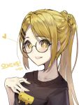 1girl blonde_hair blush collarbone eyebrows_visible_through_hair glasses hair_ornament hairclip hand_on_own_chest heart highres hwayoung korean long_hair looking_at_viewer mole mole_under_eye original parted_lips ponytail smile solo translation_request upper_body yellow_eyes 
