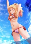  1girl arm_behind_head arm_up armpits arms_up bikini blonde_hair blue_skirt blue_sky blurry blush bow breasts brown_eyes closed_mouth clouds commentary condensation_trail day depth_of_field drill_hair dutch_angle eromanga_sensei eyebrows_visible_through_hair front-tie_top groin hair_bow highres kazenokaze long_hair looking_back medium_breasts navel one_eye_closed outdoors palm_tree partially_underwater_shot pointy_ears ponytail red_bow side-tie_bikini skirt sky solo stretch striped striped_bikini swimsuit tree twin_drills wading water wavy_mouth wet yamada_elf 