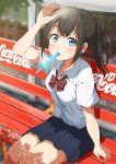  1girl air_0497 arm_up bench black_hair black_skirt blue_eyes blush bow breasts coca-cola collarbone eyebrows_visible_through_hair food highres looking_at_viewer medium_breasts original ponytail popsicle red_bow short_hair short_ponytail short_sleeves sitting skirt uniform 