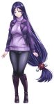  1girl absurdly_long_hair black_boots black_legwear blue_hair blush boots breasts closed_mouth fate/grand_order fate_(series) full_body highres knee_boots large_breasts long_hair long_sleeves looking_at_viewer minamoto_no_raikou_(fate/grand_order) pantyhose smile solo sweater taka-kun very_long_hair violet_eyes 