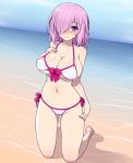  1girl arm_at_side asamura_hiori beach bikini blush breasts cleavage closed_mouth eyebrows_visible_through_hair fate/grand_order fate_(series) front-tie_bikini front-tie_top full_body hair_over_one_eye hand_on_own_chest highres horizon kneeling large_breasts medium_hair navel outdoors partially_submerged pink_hair shielder_(fate/grand_order) side-tie_bikini smile solo swimsuit violet_eyes white_bikini 