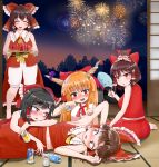  6+girls ^_^ alcohol armpits arms_up beer_can benikurage black_hair blush bow brown_eyes brown_hair can closed_eyes cookie_(touhou) eyebrows_visible_through_hair facing_another fan fang fireworks food fruit hair_bow hair_tubes hakurei_reimu highres holding holding_fan holding_tray ibuki_suika kanna_(cookie) long_hair lying multiple_girls on_back open_mouth orange_hair pai_kebon_baa parted_lips red_bow red_eyes reu sananana short_hair smile touhou tray triangle_mouth watermelon yellow_eyes 