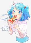  ahoge bangs blue_eyes blue_hair blue_skirt blush breasts collared_dress commentary_request dress_shirt eyebrows_visible_through_hair fingernails food hair_bobbles hair_ornament hands_up holding holding_food kawashiro_nitori long_fingernails long_sleeves nail_polish open_mouth pink_nails pizza shirt short_hair skirt sleeves_past_elbows smile sparkle swept_bangs touhou translation_request two_side_up upper_body upper_teeth white_shirt 