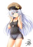  1girl alternate_costume blue_eyes blue_shorts breasts brown_hat collarbone hat hibiki_(kantai_collection) jewelry kantai_collection long_hair necklace open_mouth shorts signature silver_hair simple_background sleeveless small_breasts solo v white_background yua_(checkmate) 