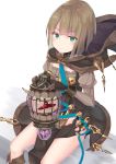  1girl boots brown_boots brown_dress brown_gloves dress gloves green_eyes gretel_(sinoalice) hansel_(sinoalice) highres holding hood hood_down kazuha_(saku_kn) lantern looking_at_viewer sinoalice sitting smile 