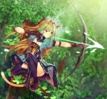  &gt;:/ 1girl :/ ahoge aiming animal_ears archer_of_red arrow bangs boots bow_(weapon) breasts brown_hair cat_ears cat_tail cleavage cleavage_cutout convenient_leg day dress eyebrows_visible_through_hair fate/apocrypha fate_(series) forest full_body gauntlets gloves green_eyes green_hair half_updo holding holding_bow_(weapon) holding_weapon in_tree long_hair looking_to_the_side mckeee multicolored_hair nature outdoors outstretched_arm short_sleeves small_breasts solo squatting tail thigh-highs thigh_boots tree two-tone_hair weapon 
