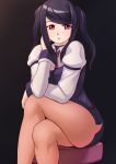 1girl black_hair finalcake highres julianne_stingray leg_lift legs_crossed long_hair looking_at_viewer pantyhose parted_lips red_eyes sitting solo thighs va-11_hall-a 