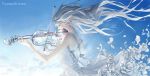  1girl closed_eyes commentary dress gradient gradient_background instrument long_hair original pale_skin petals see-through solo standing violin watermark web_address wenqing_yan white_dress white_hair wind 
