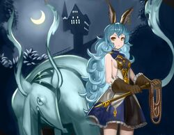  1girl animal_ears bangs bare_shoulders blue_hair breasts brown_eyes brown_gloves castle cowboy_shot crescent_moon dot_nose earrings ferry_(granblue_fantasy) gloves granblue_fantasy holding_whip jewelry leather leather_gloves long_hair looking_at_viewer moon sideboob skirt very_long_hair wasabi60 wavy_hair 