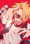  1boy black_hair blonde_hair blurry boku_no_hero_academia choker depth_of_field foreshortening highres jacket kaminari_denki looking_at_viewer male_focus multicolored_hair open_mouth pointing pointing_at_viewer raurii red_background shirt simple_background solo spiky_hair streaked_hair sunglasses t-shirt two-tone_hair v-neck 