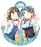  2girls bangs blue_eyes blue_headband brown_eyes brown_hair cheek_pinching grey_hair grin headband looking_at_viewer love_live! love_live!_sunshine!! multiple_girls nail_polish off-shoulder_shirt overalls pinching pink_nails saitou_shuka salute seiyuu_connection shirt short_hair sleeveless sleeveless_shirt smile star surfing_orange upper_body w watanabe_you 