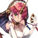  1girl berserker_of_black blush breasts cleavage elbow_gloves fate/apocrypha fate_(series) gloves hair_over_one_eye highres horn large_breasts looking_at_viewer parted_lips pecolondon pink_hair short_hair solo teeth upper_body white_gloves yellow_eyes 